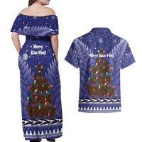 Kiwi New Zealand Christmas Couples Matching Off Shoulder Maxi Dress and Hawaiian Shirt Meri Kirihimete Silver Fern - Blue Color LT14 - Polynesian Pride