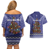 Kiwi New Zealand Christmas Couples Matching Off Shoulder Short Dress and Hawaiian Shirt Meri Kirihimete Silver Fern - Blue Color LT14 - Polynesian Pride