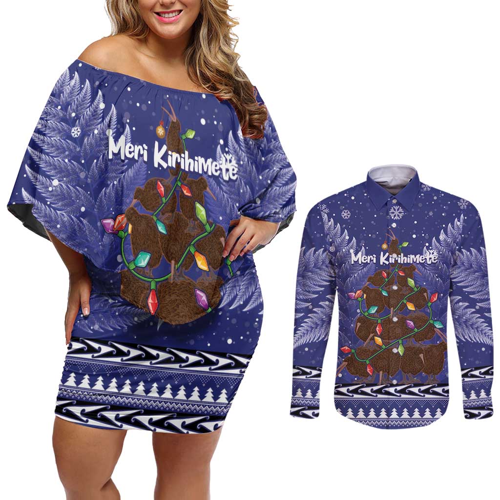 Kiwi New Zealand Christmas Couples Matching Off Shoulder Short Dress and Long Sleeve Button Shirt Meri Kirihimete Silver Fern - Blue Color LT14 Blue - Polynesian Pride