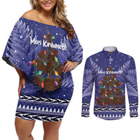 Kiwi New Zealand Christmas Couples Matching Off Shoulder Short Dress and Long Sleeve Button Shirt Meri Kirihimete Silver Fern - Blue Color LT14 Blue - Polynesian Pride