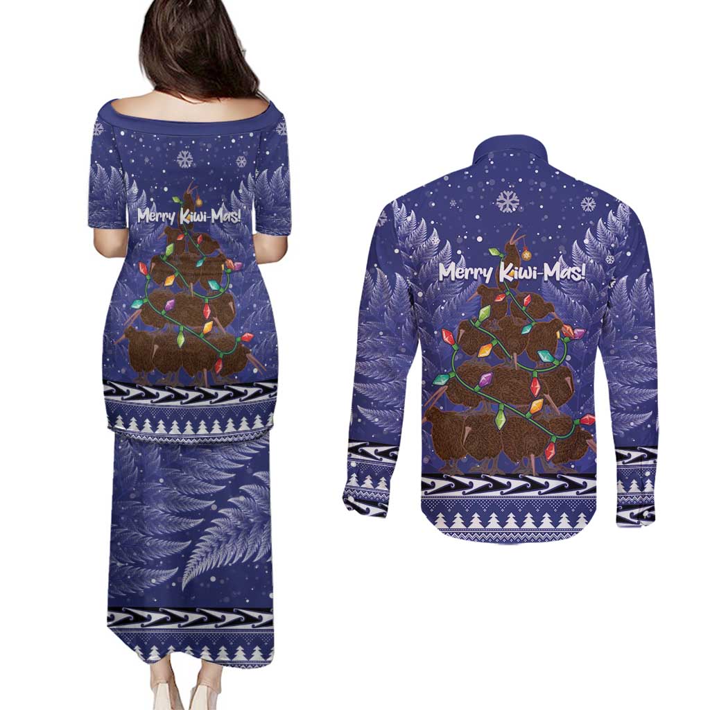 Kiwi New Zealand Christmas Couples Matching Puletasi and Long Sleeve Button Shirt Meri Kirihimete Silver Fern - Blue Color LT14 - Polynesian Pride