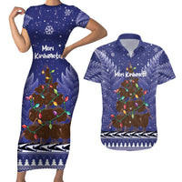 Kiwi New Zealand Christmas Couples Matching Short Sleeve Bodycon Dress and Hawaiian Shirt Meri Kirihimete Silver Fern - Blue Color LT14 Blue - Polynesian Pride