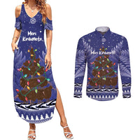 Kiwi New Zealand Christmas Couples Matching Summer Maxi Dress and Long Sleeve Button Shirt Meri Kirihimete Silver Fern - Blue Color LT14 Blue - Polynesian Pride