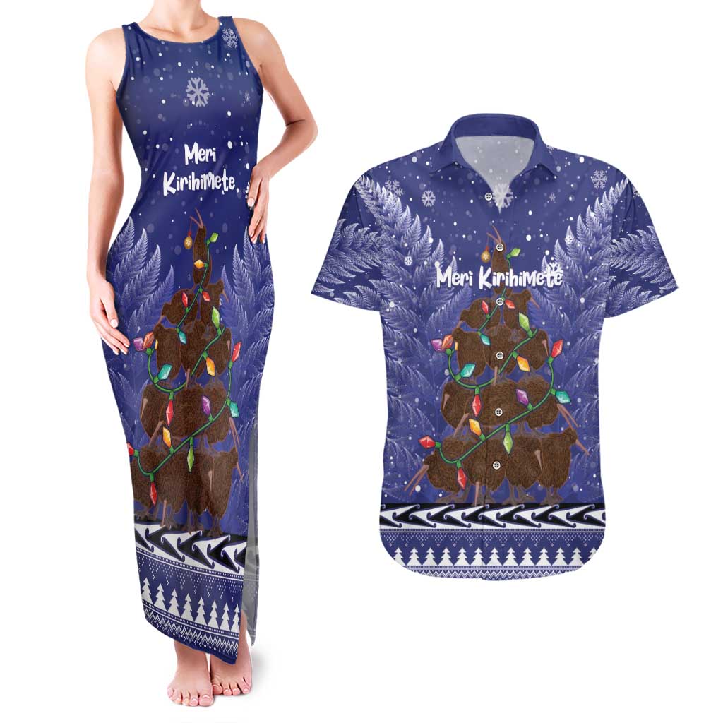 Kiwi New Zealand Christmas Couples Matching Tank Maxi Dress and Hawaiian Shirt Meri Kirihimete Silver Fern - Blue Color LT14 Blue - Polynesian Pride