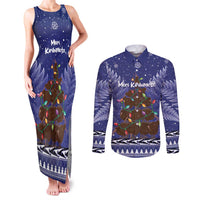 Kiwi New Zealand Christmas Couples Matching Tank Maxi Dress and Long Sleeve Button Shirt Meri Kirihimete Silver Fern - Blue Color LT14 Blue - Polynesian Pride
