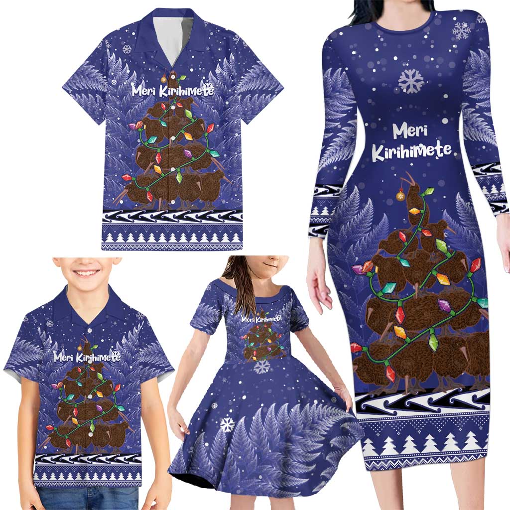 Kiwi New Zealand Christmas Family Matching Long Sleeve Bodycon Dress and Hawaiian Shirt Meri Kirihimete Silver Fern - Blue Color LT14 - Polynesian Pride