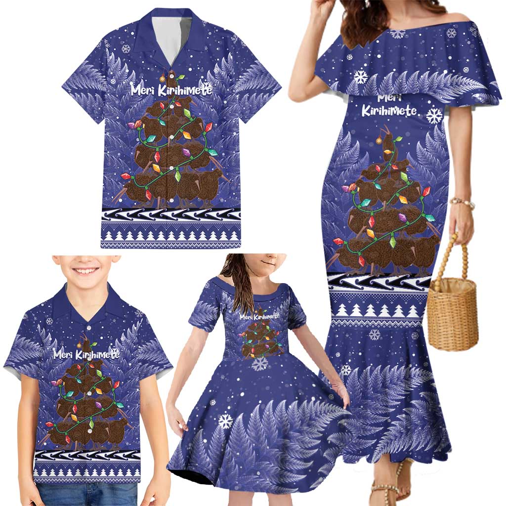 Kiwi New Zealand Christmas Family Matching Mermaid Dress and Hawaiian Shirt Meri Kirihimete Silver Fern - Blue Color LT14 - Polynesian Pride