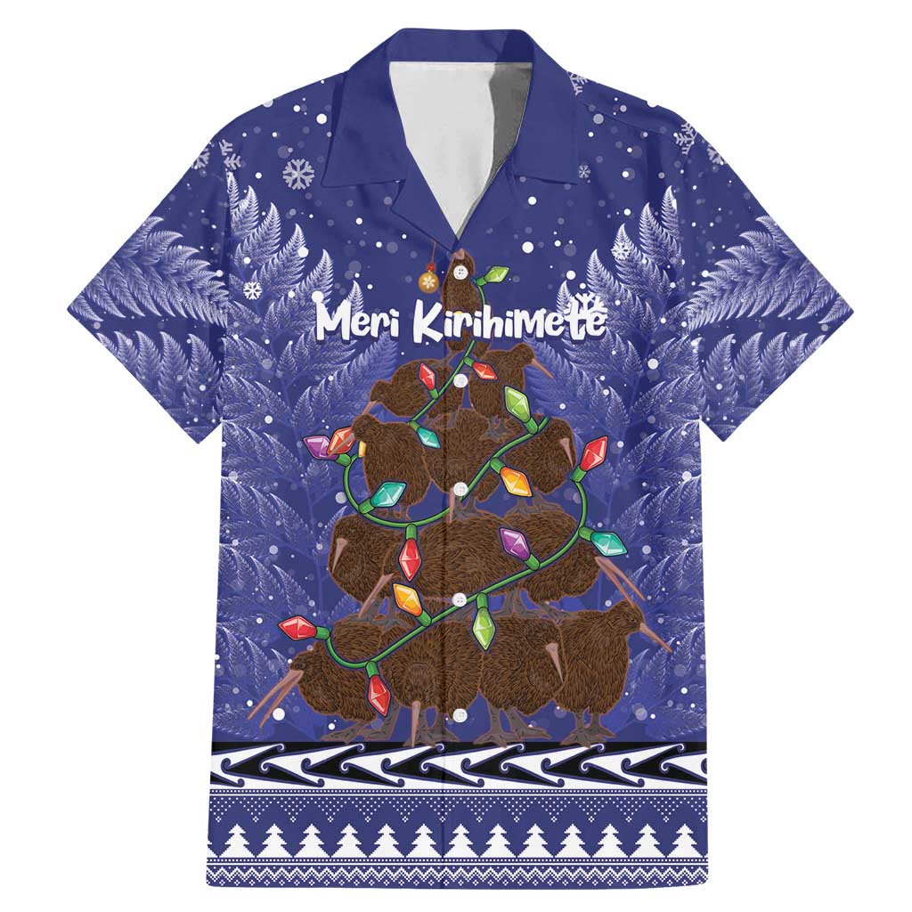 Kiwi New Zealand Christmas Family Matching Mermaid Dress and Hawaiian Shirt Meri Kirihimete Silver Fern - Blue Color LT14 Dad's Shirt - Short Sleeve Blue - Polynesian Pride