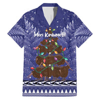 Kiwi New Zealand Christmas Family Matching Mermaid Dress and Hawaiian Shirt Meri Kirihimete Silver Fern - Blue Color LT14 Dad's Shirt - Short Sleeve Blue - Polynesian Pride