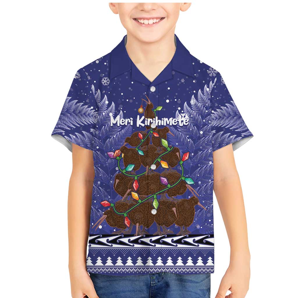 Kiwi New Zealand Christmas Family Matching Mermaid Dress and Hawaiian Shirt Meri Kirihimete Silver Fern - Blue Color LT14 Son's Shirt Blue - Polynesian Pride