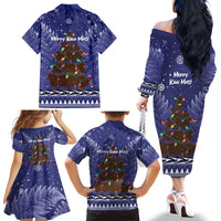Kiwi New Zealand Christmas Family Matching Off The Shoulder Long Sleeve Dress and Hawaiian Shirt Meri Kirihimete Silver Fern - Blue Color LT14 - Polynesian Pride