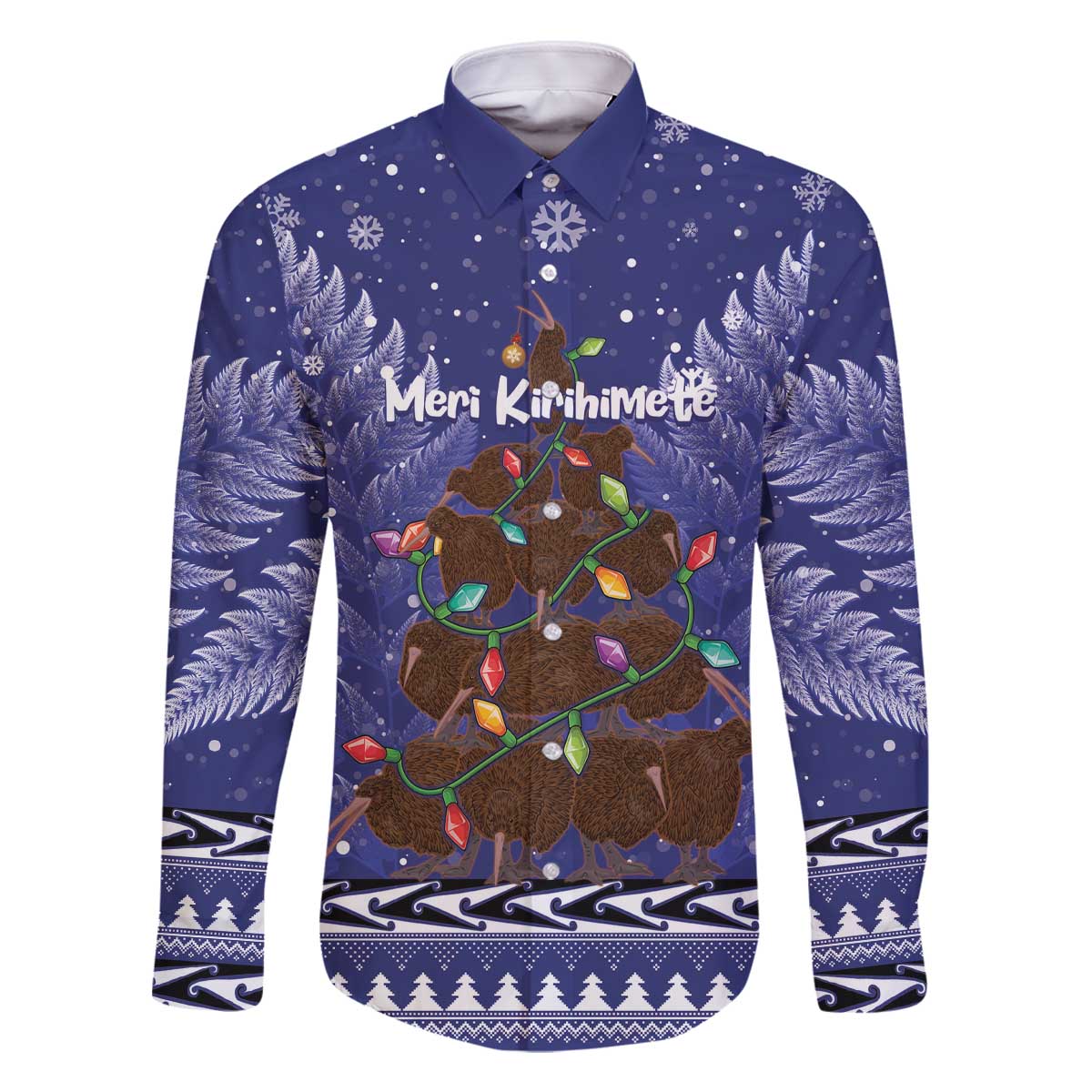 Kiwi New Zealand Christmas Family Matching Off The Shoulder Long Sleeve Dress and Hawaiian Shirt Meri Kirihimete Silver Fern - Blue Color LT14 Dad's Shirt - Long Sleeve Blue - Polynesian Pride