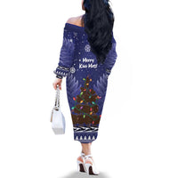 Kiwi New Zealand Christmas Family Matching Off The Shoulder Long Sleeve Dress and Hawaiian Shirt Meri Kirihimete Silver Fern - Blue Color LT14 - Polynesian Pride