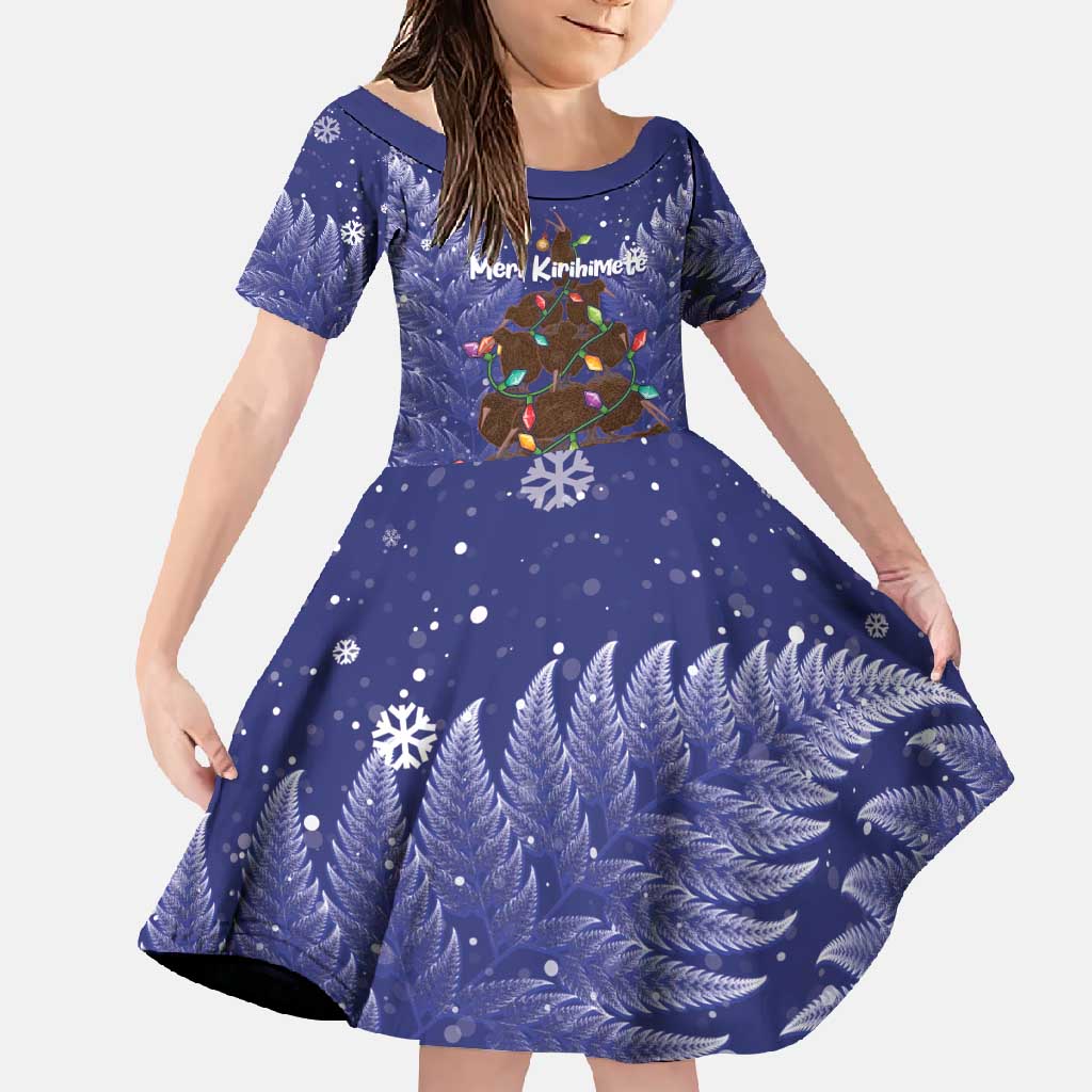 Kiwi New Zealand Christmas Family Matching Off Shoulder Maxi Dress and Hawaiian Shirt Meri Kirihimete Silver Fern - Blue Color LT14 Daughter's Dress Blue - Polynesian Pride