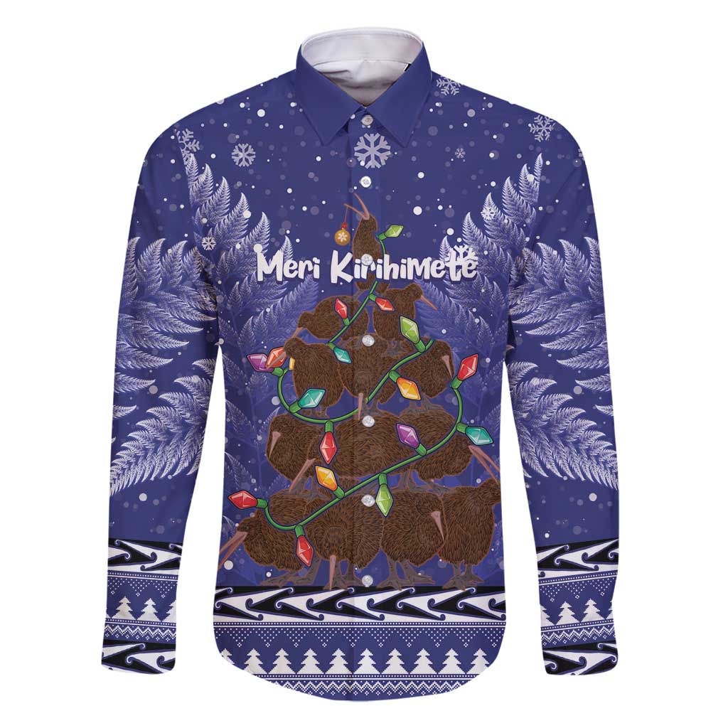 Kiwi New Zealand Christmas Family Matching Off Shoulder Maxi Dress and Hawaiian Shirt Meri Kirihimete Silver Fern - Blue Color LT14 Dad's Shirt - Long Sleeve Blue - Polynesian Pride
