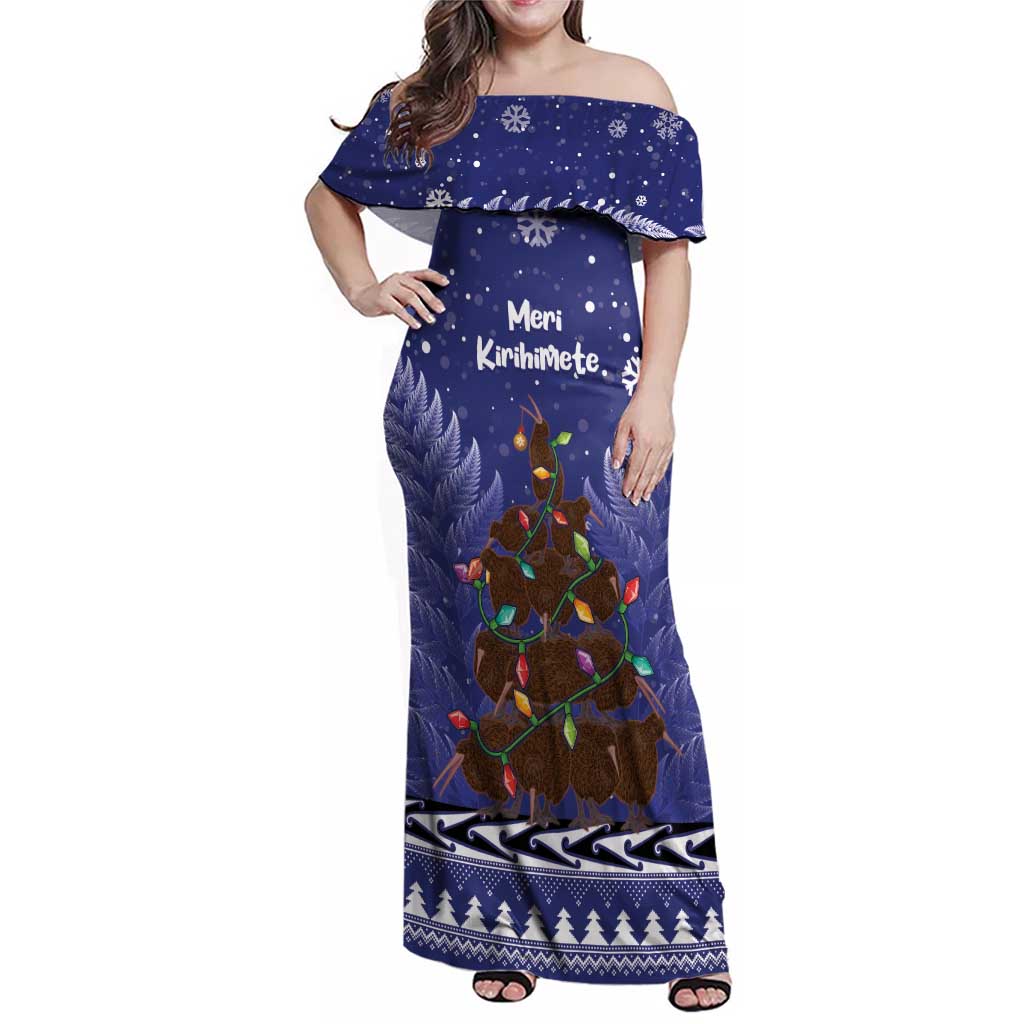 Kiwi New Zealand Christmas Family Matching Off Shoulder Maxi Dress and Hawaiian Shirt Meri Kirihimete Silver Fern - Blue Color LT14 Mom's Dress Blue - Polynesian Pride