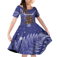 Kiwi New Zealand Christmas Family Matching Off Shoulder Short Dress and Hawaiian Shirt Meri Kirihimete Silver Fern - Blue Color LT14 Daughter's Dress Blue - Polynesian Pride