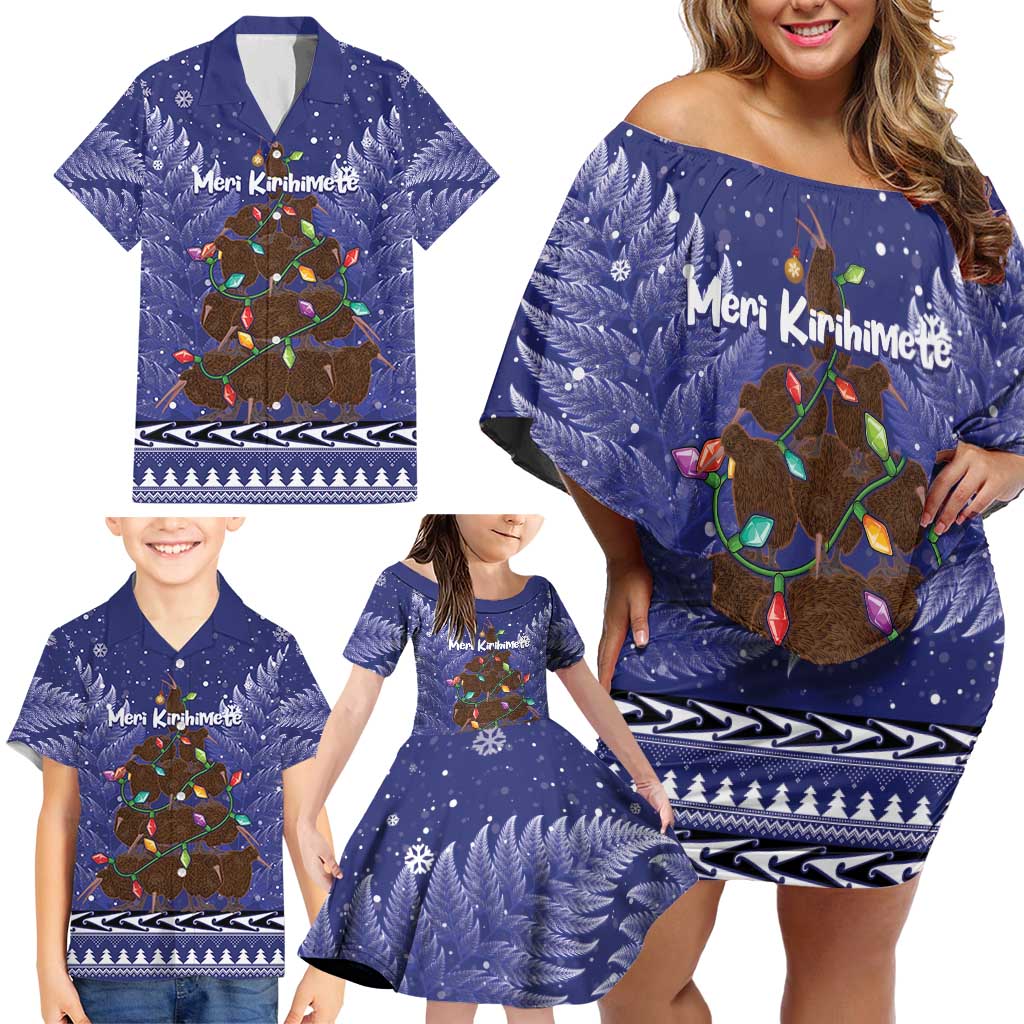 Kiwi New Zealand Christmas Family Matching Off Shoulder Short Dress and Hawaiian Shirt Meri Kirihimete Silver Fern - Blue Color LT14 - Polynesian Pride