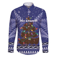 Kiwi New Zealand Christmas Family Matching Puletasi and Hawaiian Shirt Meri Kirihimete Silver Fern - Blue Color LT14 Dad's Shirt - Long Sleeve Blue - Polynesian Pride