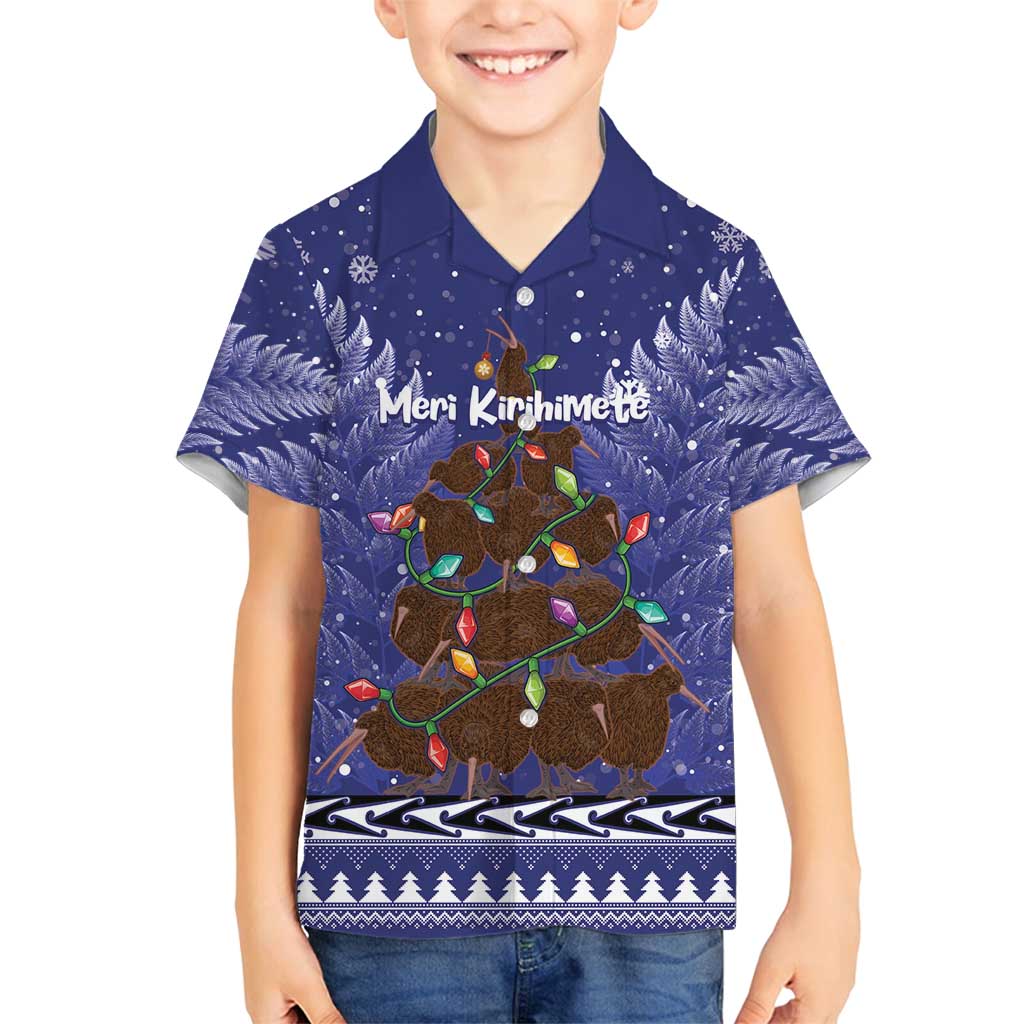 Kiwi New Zealand Christmas Family Matching Puletasi and Hawaiian Shirt Meri Kirihimete Silver Fern - Blue Color LT14 Son's Shirt Blue - Polynesian Pride