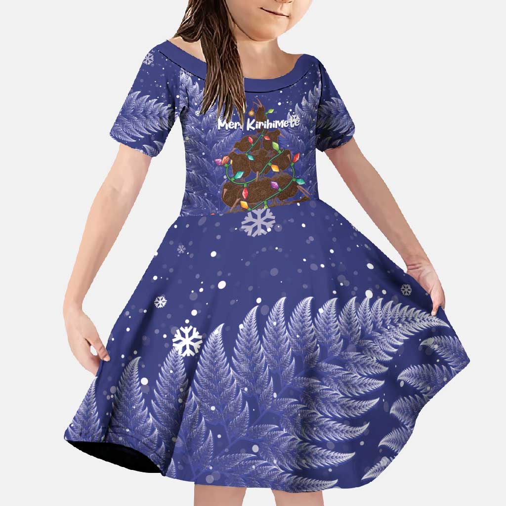Kiwi New Zealand Christmas Family Matching Summer Maxi Dress and Hawaiian Shirt Meri Kirihimete Silver Fern - Blue Color LT14 Daughter's Dress Blue - Polynesian Pride