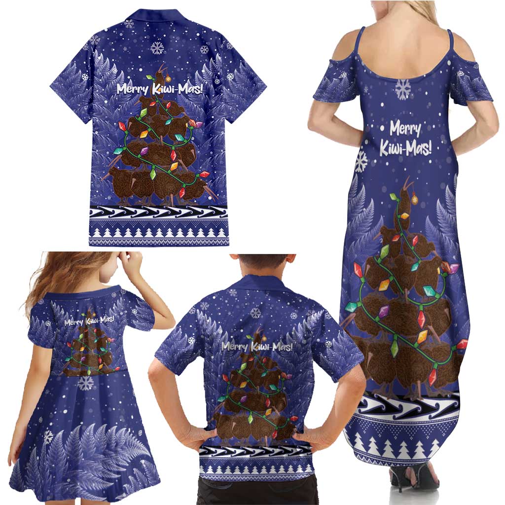 Kiwi New Zealand Christmas Family Matching Summer Maxi Dress and Hawaiian Shirt Meri Kirihimete Silver Fern - Blue Color LT14 - Polynesian Pride