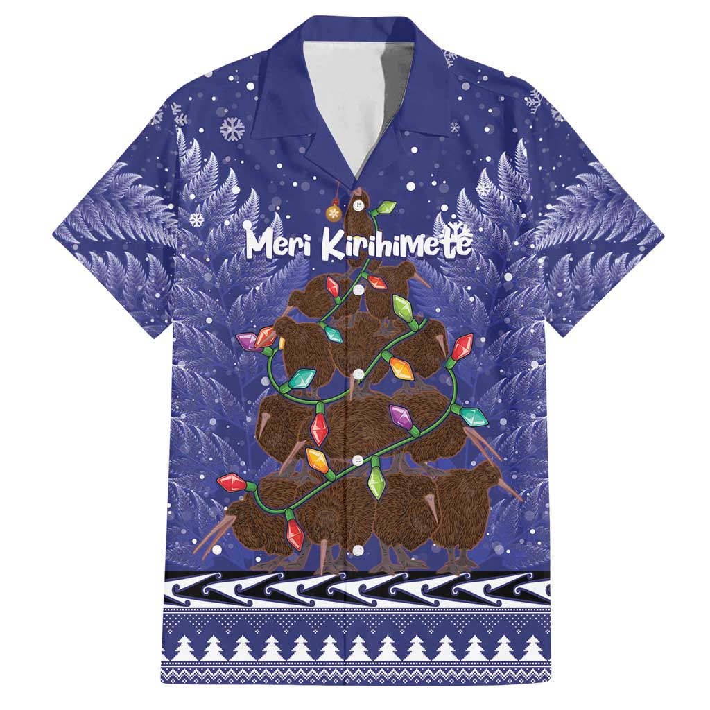 Kiwi New Zealand Christmas Family Matching Summer Maxi Dress and Hawaiian Shirt Meri Kirihimete Silver Fern - Blue Color LT14 Dad's Shirt - Short Sleeve Blue - Polynesian Pride