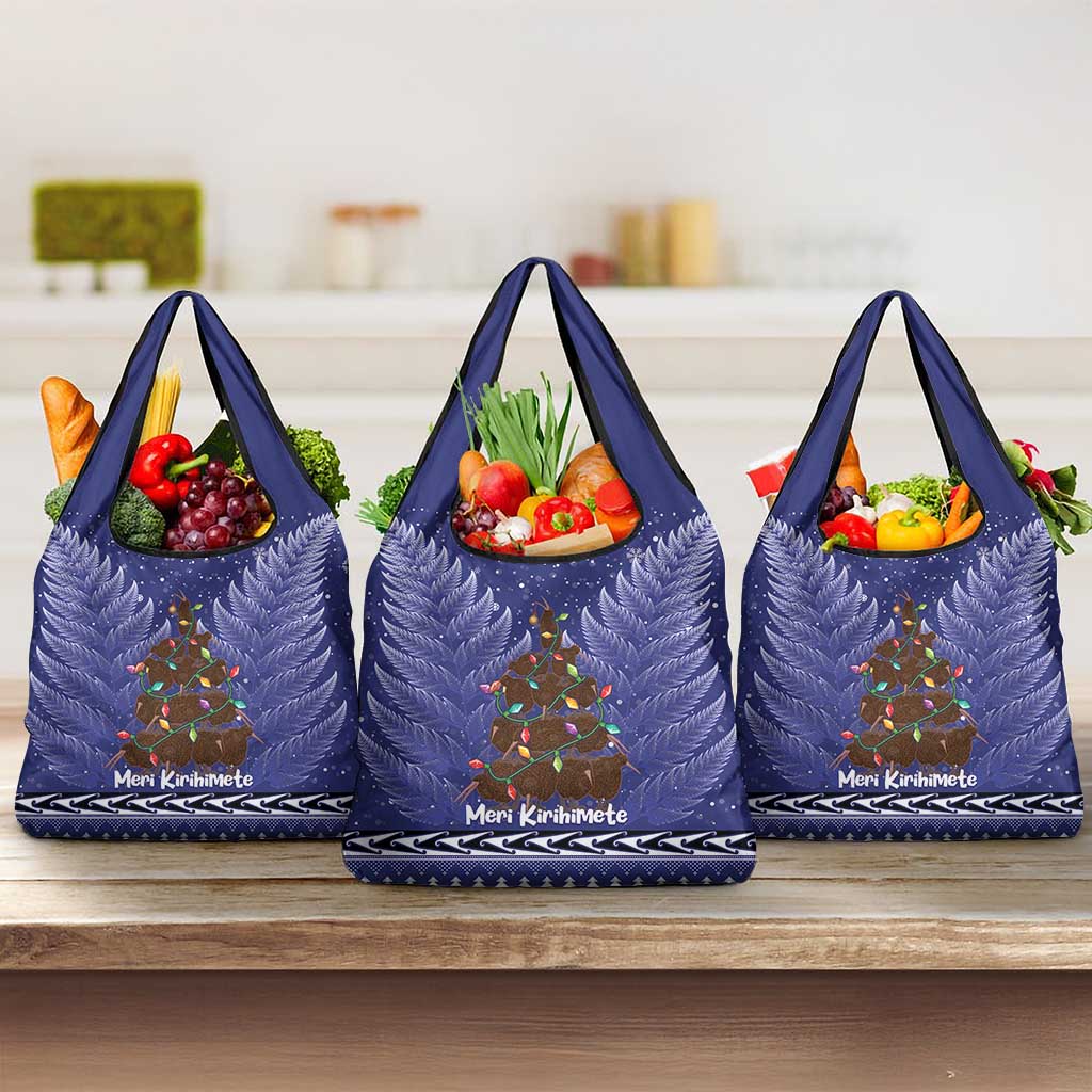 Kiwi New Zealand Christmas Grocery Bag Meri Kirihimete Silver Fern - Blue Color LT14 3-pack One Size Blue - Polynesian Pride