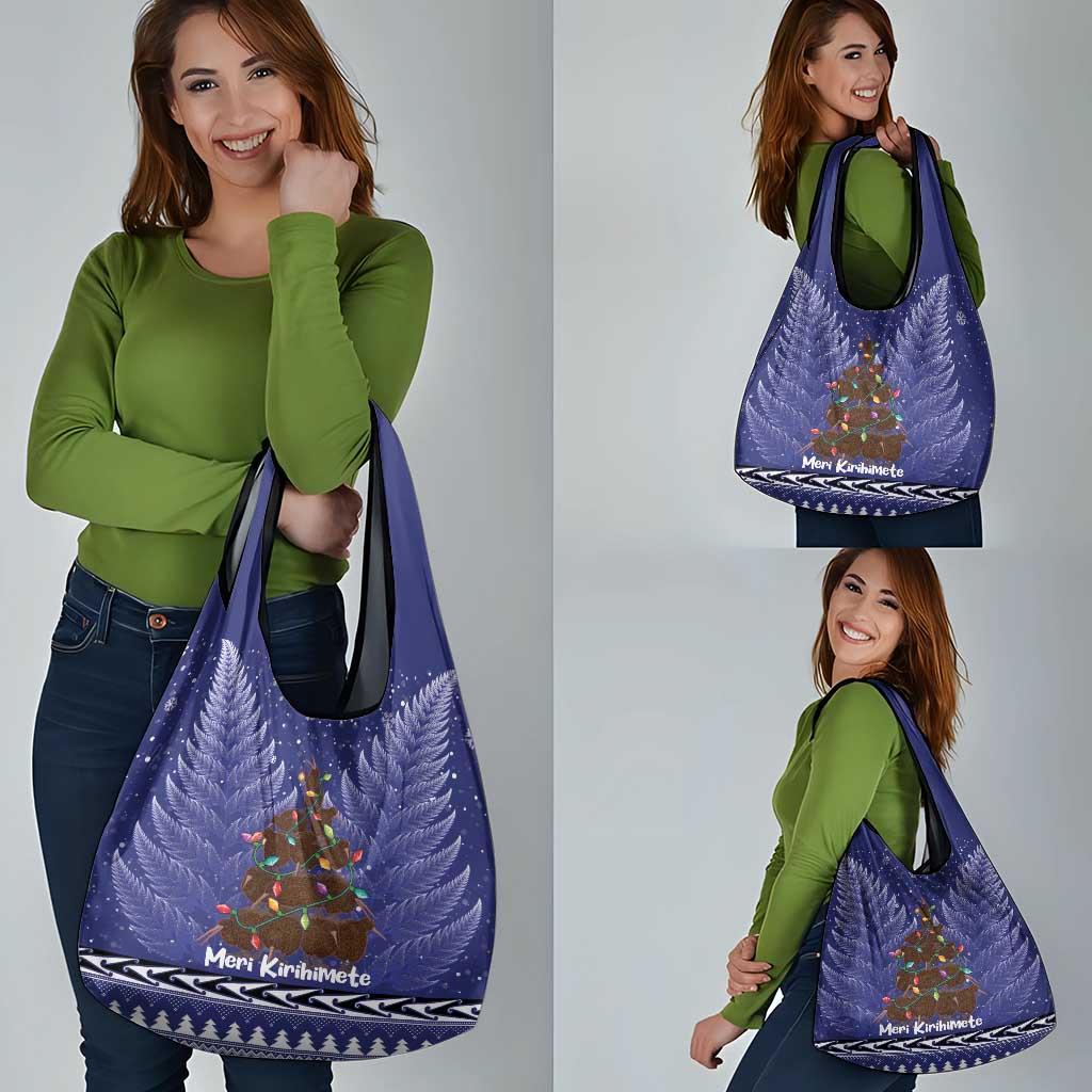 Kiwi New Zealand Christmas Grocery Bag Meri Kirihimete Silver Fern - Blue Color LT14 - Polynesian Pride