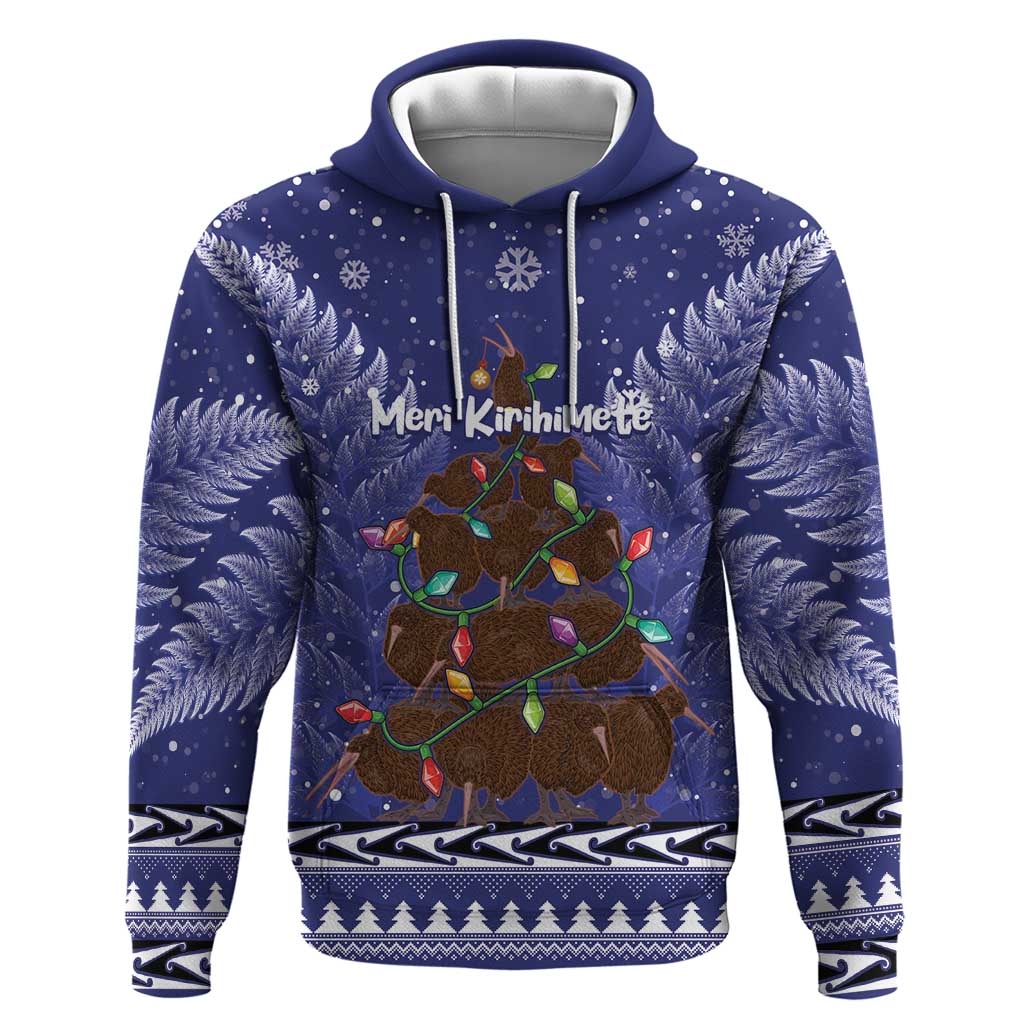 Kiwi New Zealand Christmas Hoodie Meri Kirihimete Silver Fern - Blue Color LT14 Pullover Hoodie Blue - Polynesian Pride