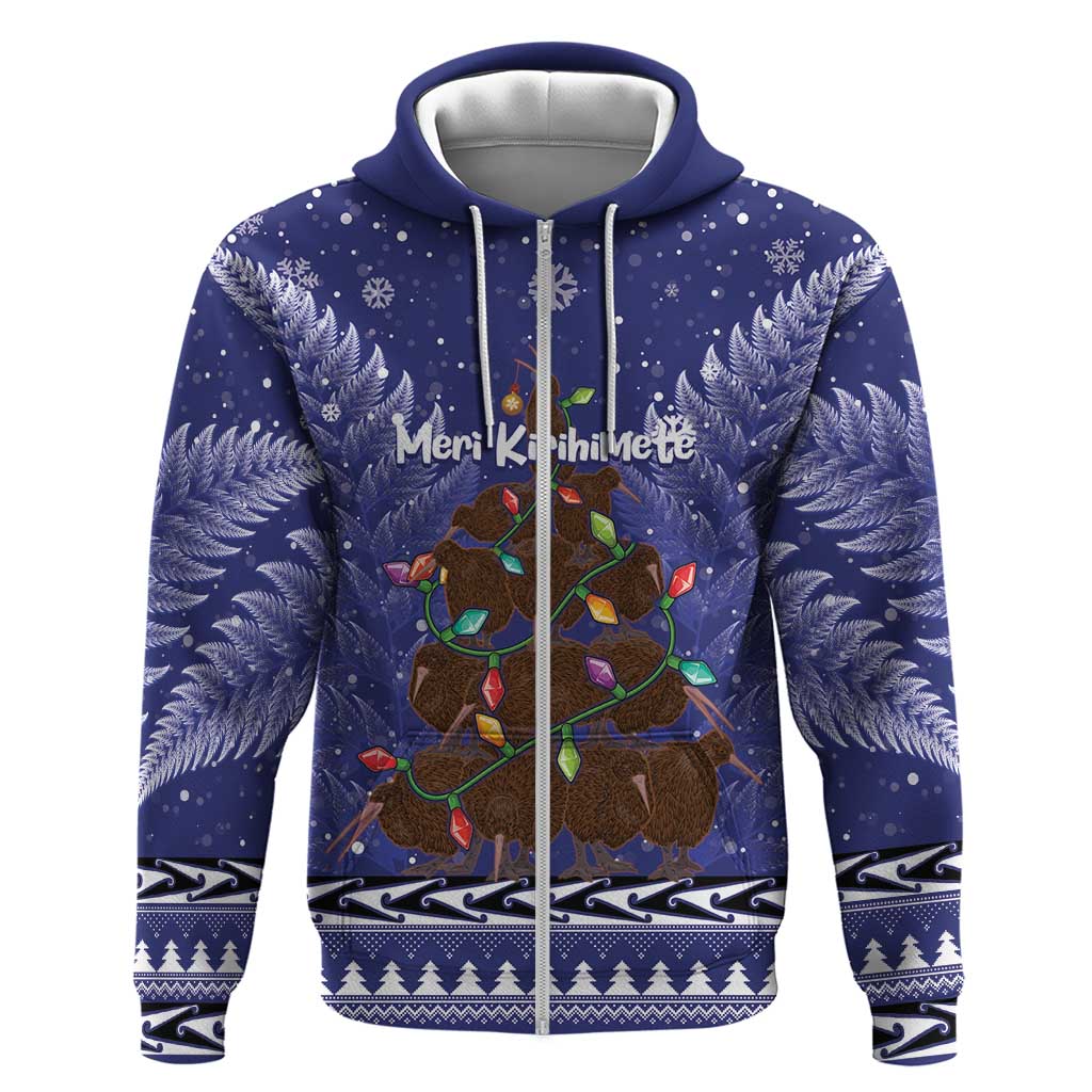 Kiwi New Zealand Christmas Hoodie Meri Kirihimete Silver Fern - Blue Color LT14 Zip Hoodie Blue - Polynesian Pride