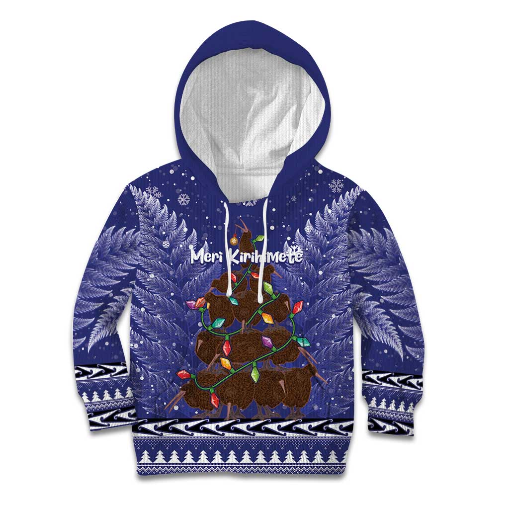 Kiwi New Zealand Christmas Kid Hoodie Meri Kirihimete Silver Fern - Blue Color LT14 Hoodie Blue - Polynesian Pride