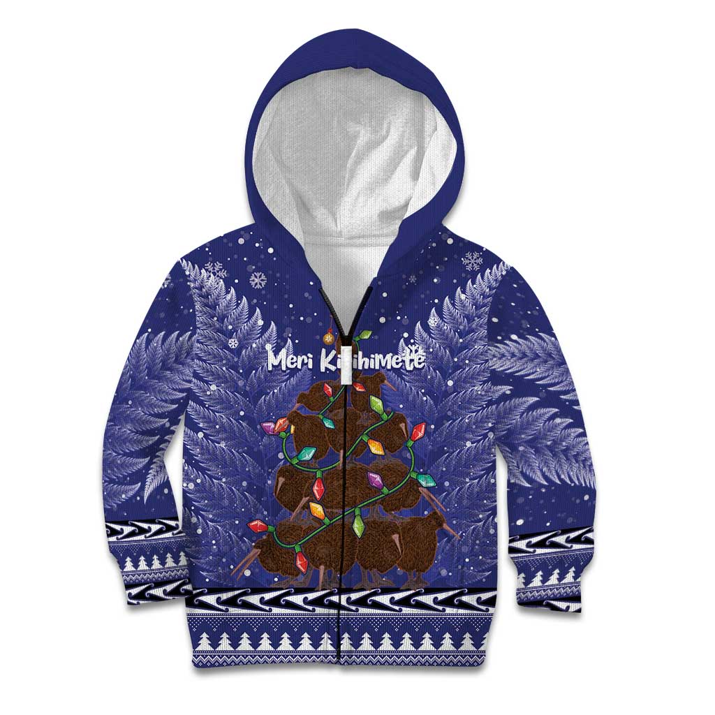 Kiwi New Zealand Christmas Kid Hoodie Meri Kirihimete Silver Fern - Blue Color LT14 Zip Hoodie Blue - Polynesian Pride