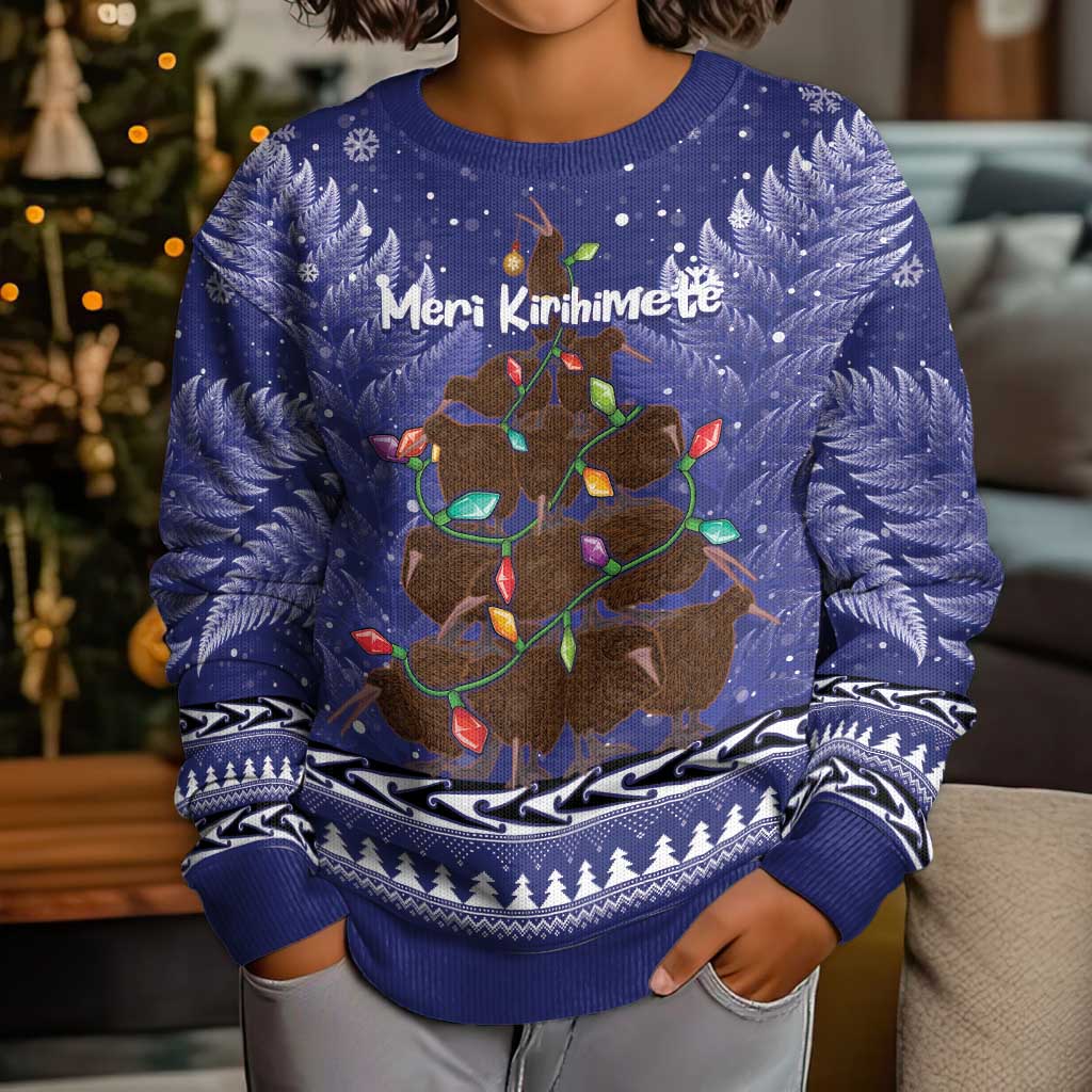 Kiwi New Zealand Christmas Kid Ugly Christmas Sweater Meri Kirihimete Silver Fern - Blue Color LT14 - Polynesian Pride
