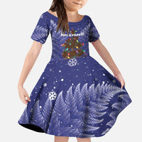 Kiwi New Zealand Christmas Kid Short Sleeve Dress Meri Kirihimete Silver Fern - Blue Color LT14 KID Blue - Polynesian Pride