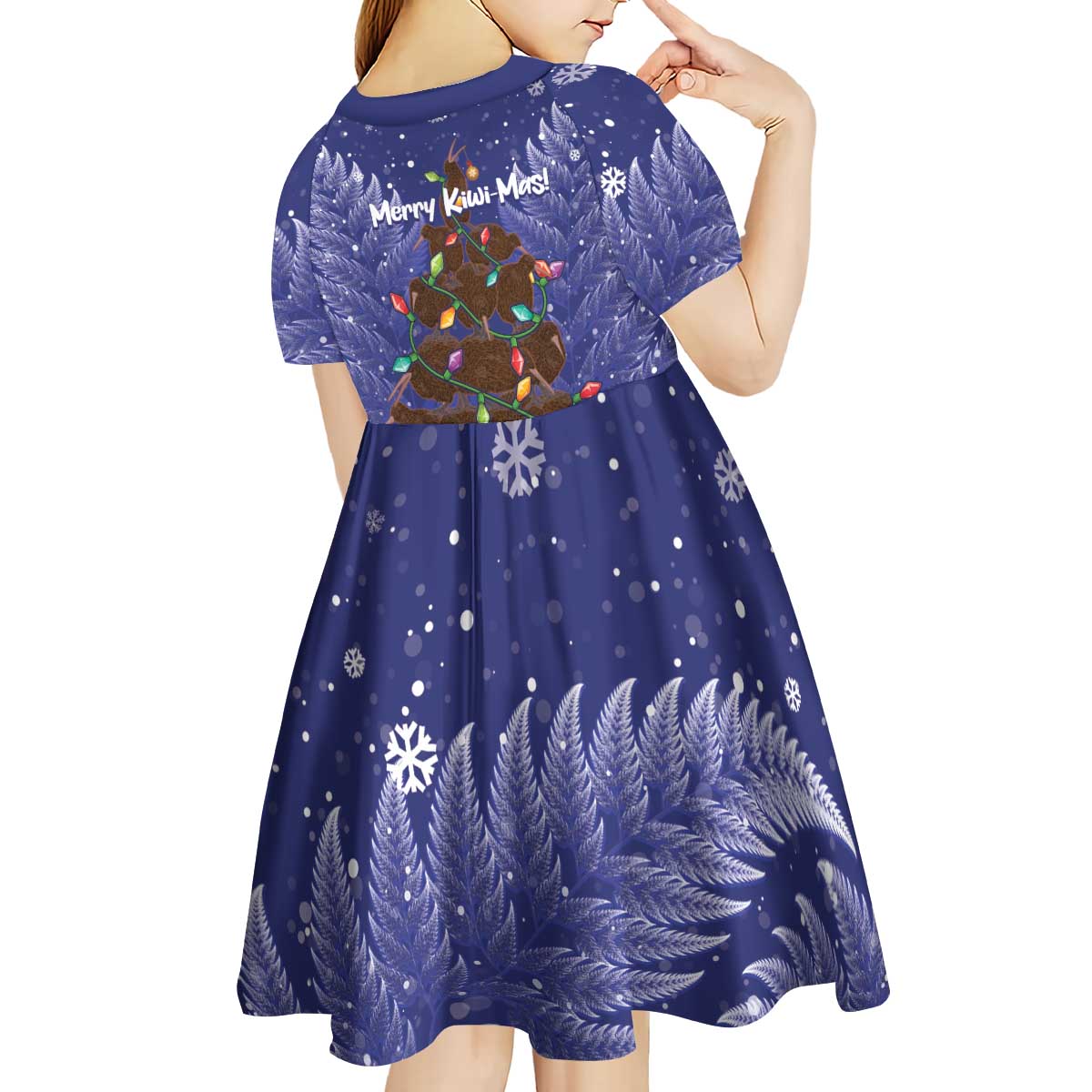 Kiwi New Zealand Christmas Kid Short Sleeve Dress Meri Kirihimete Silver Fern - Blue Color LT14 - Polynesian Pride