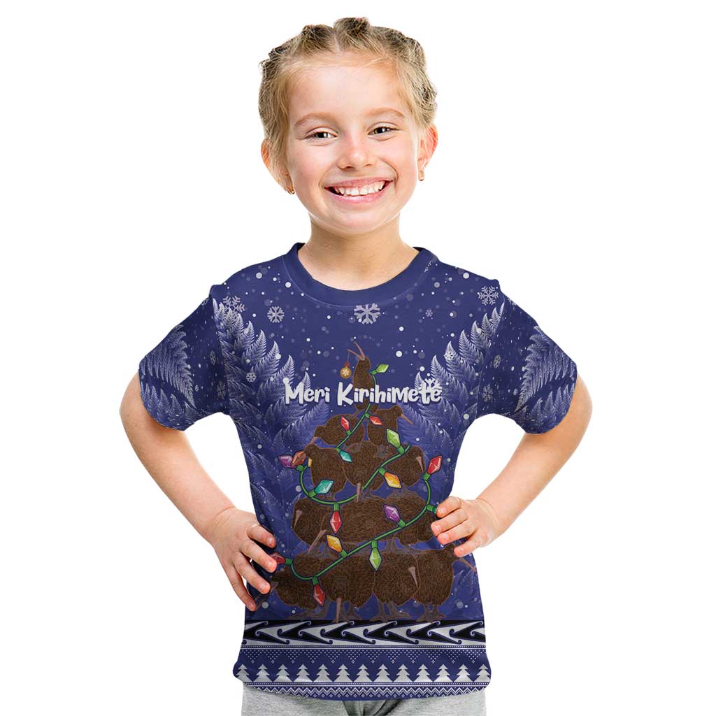 Kiwi New Zealand Christmas Kid T Shirt Meri Kirihimete Silver Fern - Blue Color LT14 Blue - Polynesian Pride
