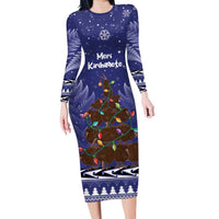 Kiwi New Zealand Christmas Long Sleeve Bodycon Dress Meri Kirihimete Silver Fern - Blue Color LT14 Long Dress Blue - Polynesian Pride
