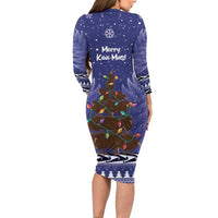 Kiwi New Zealand Christmas Long Sleeve Bodycon Dress Meri Kirihimete Silver Fern - Blue Color LT14 - Polynesian Pride