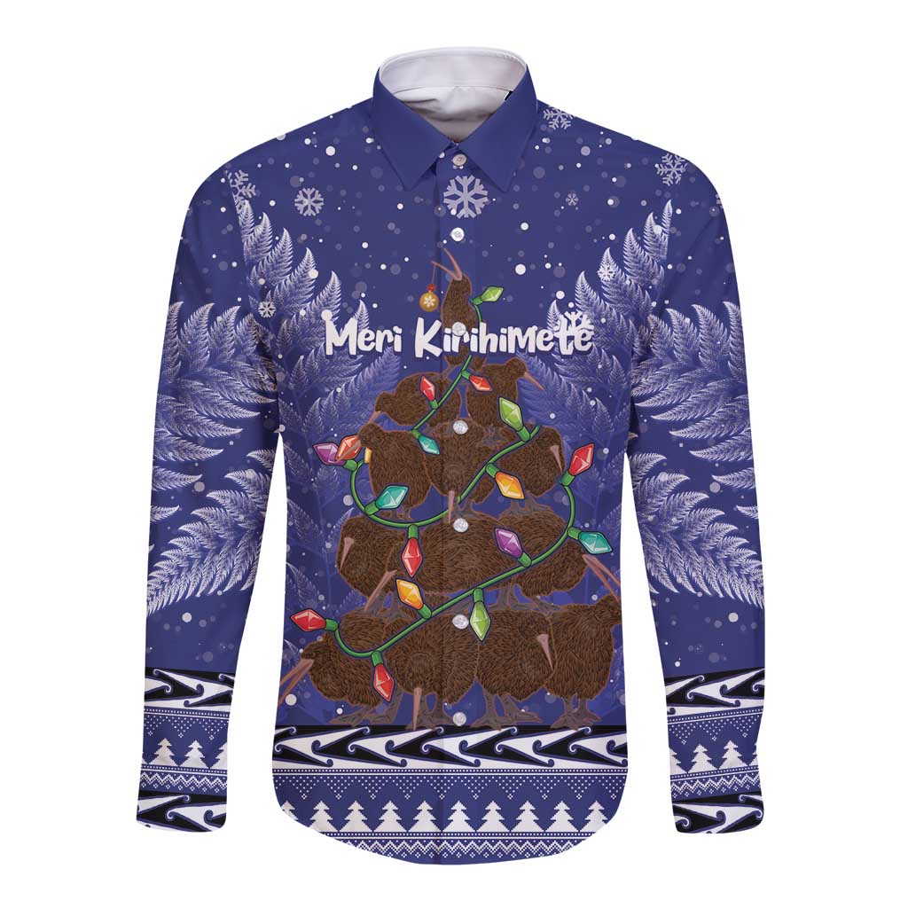 Kiwi New Zealand Christmas Long Sleeve Button Shirt Meri Kirihimete Silver Fern - Blue Color LT14 Unisex Blue - Polynesian Pride