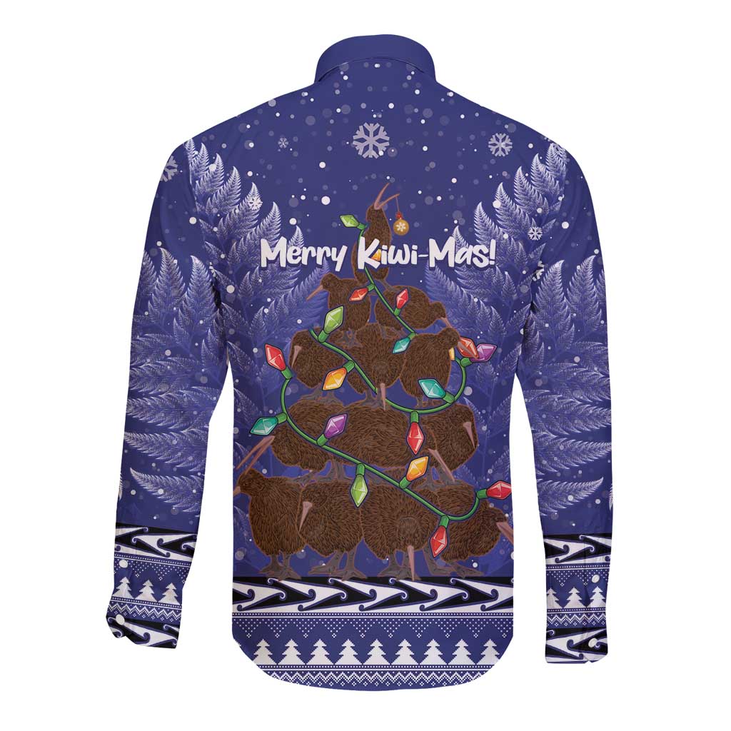 Kiwi New Zealand Christmas Long Sleeve Button Shirt Meri Kirihimete Silver Fern - Blue Color LT14 - Polynesian Pride