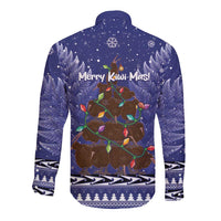 Kiwi New Zealand Christmas Long Sleeve Button Shirt Meri Kirihimete Silver Fern - Blue Color LT14 - Polynesian Pride