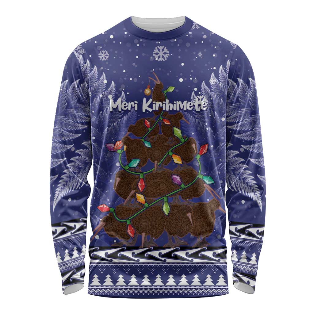 Kiwi New Zealand Christmas Long Sleeve Shirt Meri Kirihimete Silver Fern - Blue Color LT14 Unisex Blue - Polynesian Pride