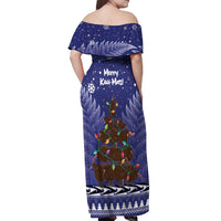 Kiwi New Zealand Christmas Off Shoulder Maxi Dress Meri Kirihimete Silver Fern - Blue Color LT14 - Polynesian Pride