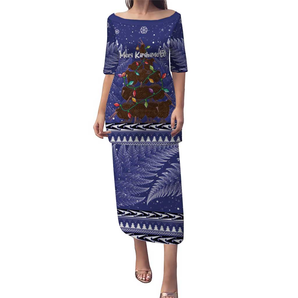 Kiwi New Zealand Christmas Puletasi Meri Kirihimete Silver Fern - Blue Color LT14 Long Dress Blue - Polynesian Pride