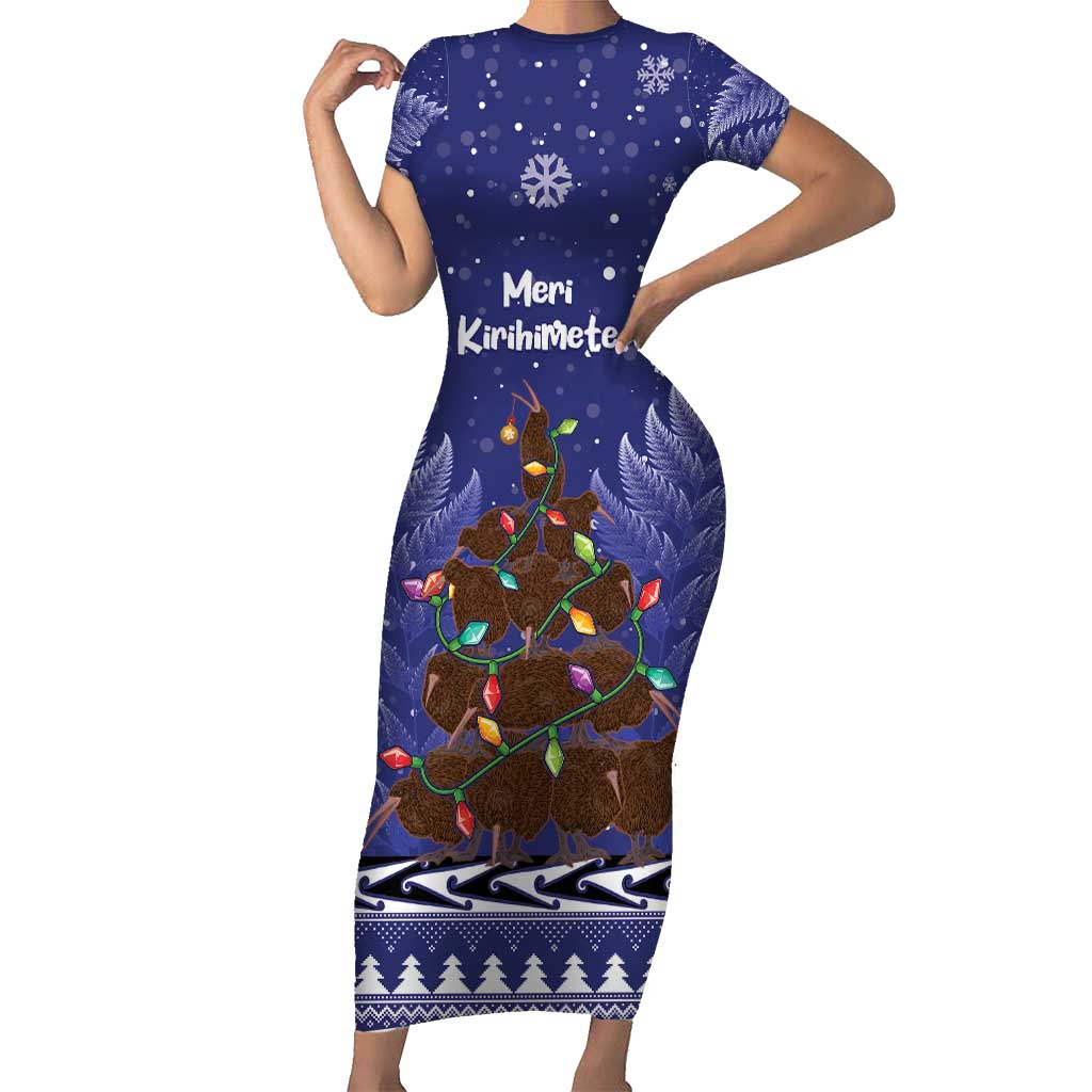 Kiwi New Zealand Christmas Short Sleeve Bodycon Dress Meri Kirihimete Silver Fern - Blue Color LT14 Long Dress Blue - Polynesian Pride