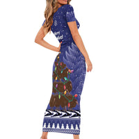 Kiwi New Zealand Christmas Short Sleeve Bodycon Dress Meri Kirihimete Silver Fern - Blue Color LT14 - Polynesian Pride