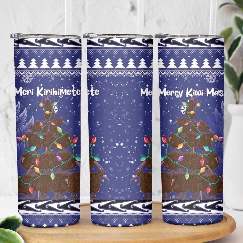 Kiwi New Zealand Christmas Skinny Tumbler Meri Kirihimete Silver Fern - Blue Color LT14 - Polynesian Pride