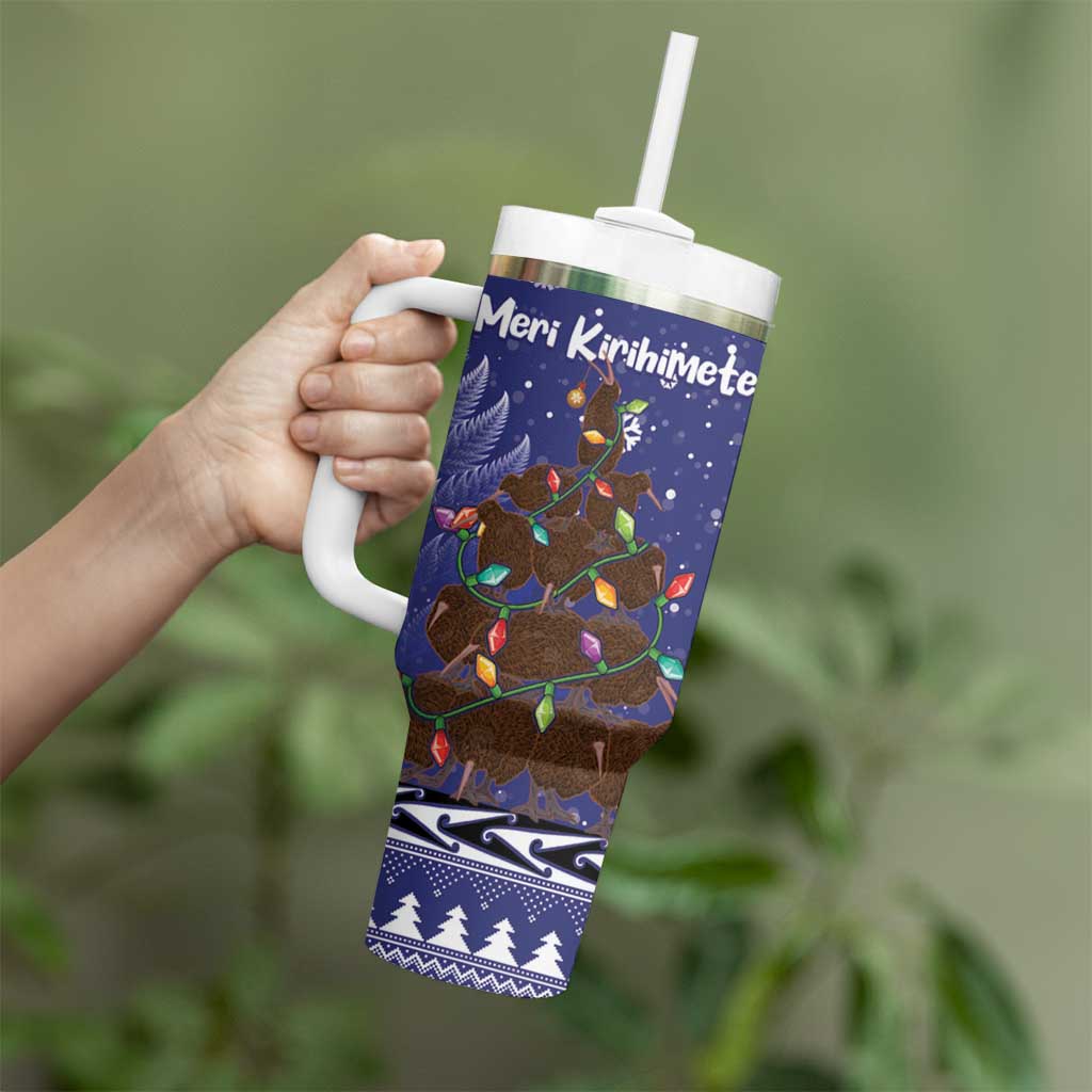 Kiwi New Zealand Christmas Tumbler With Handle Meri Kirihimete Silver Fern - Blue Color LT14 - Polynesian Pride