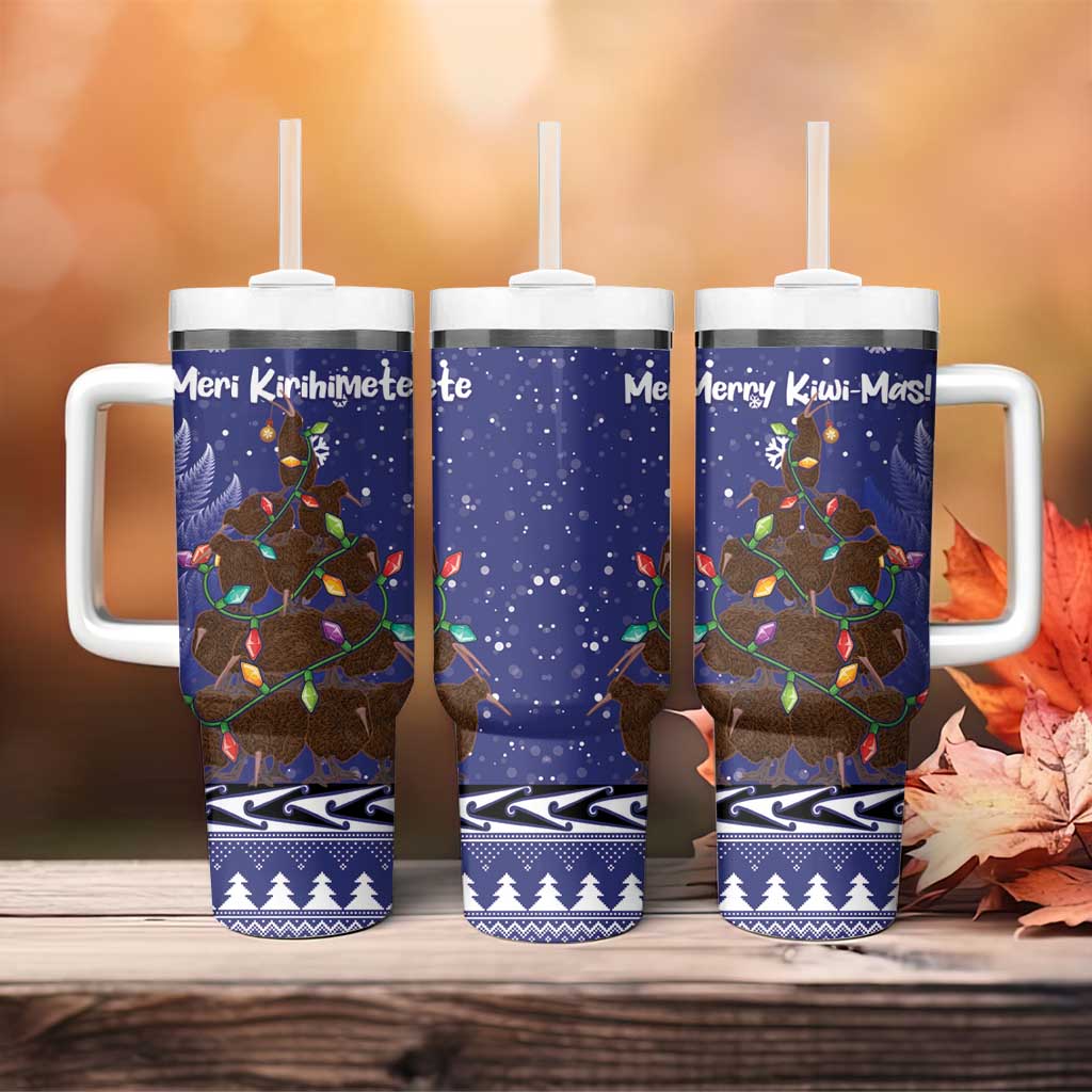 Kiwi New Zealand Christmas Tumbler With Handle Meri Kirihimete Silver Fern - Blue Color LT14 - Polynesian Pride